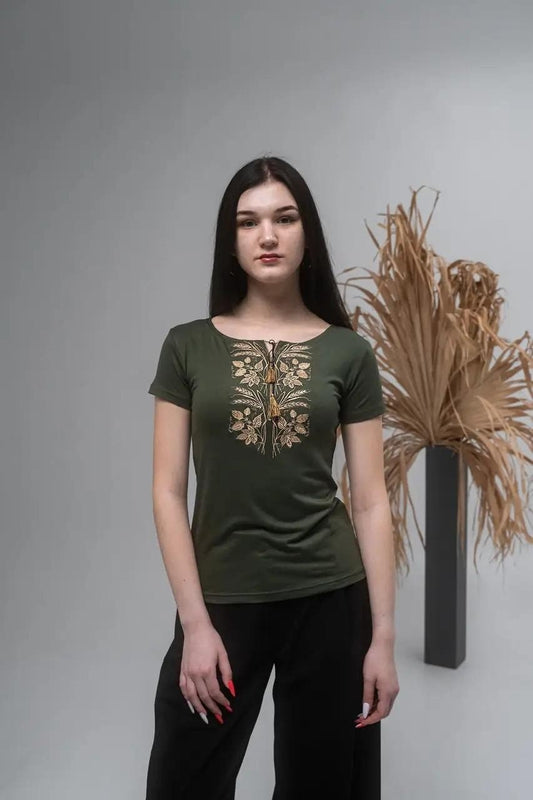 S-3XL Olive Vyshyvanka T-Shirt for Women with Golden Rye Embroidery