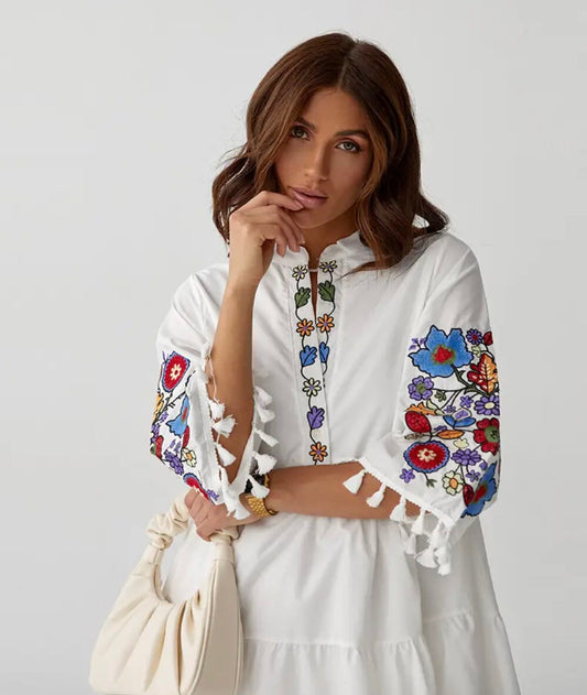 Classy Embroidered White Summer Folk Nouveau Dress for Women