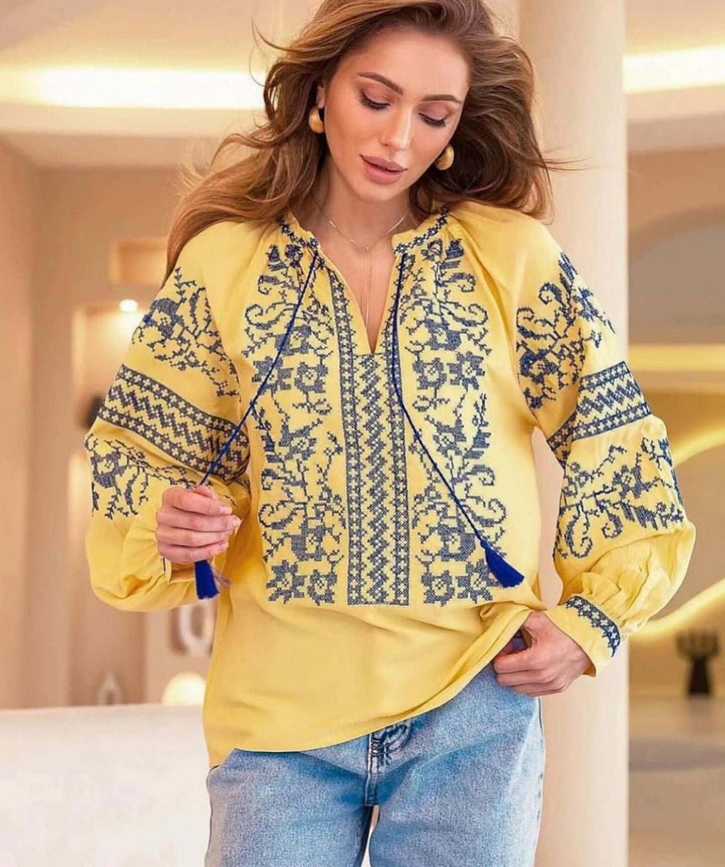 Yellow Vyshyvanka for Women with Traditional Slavic Embroidery