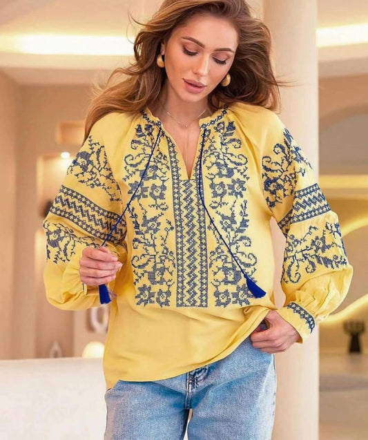 Yellow Vyshyvanka for Women with Traditional Slavic Embroidery