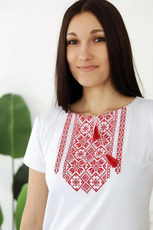 S-3XL Ethnic Ukrainian Embroidery White Boho Ukrainian T-Shirt with Red Embroidery