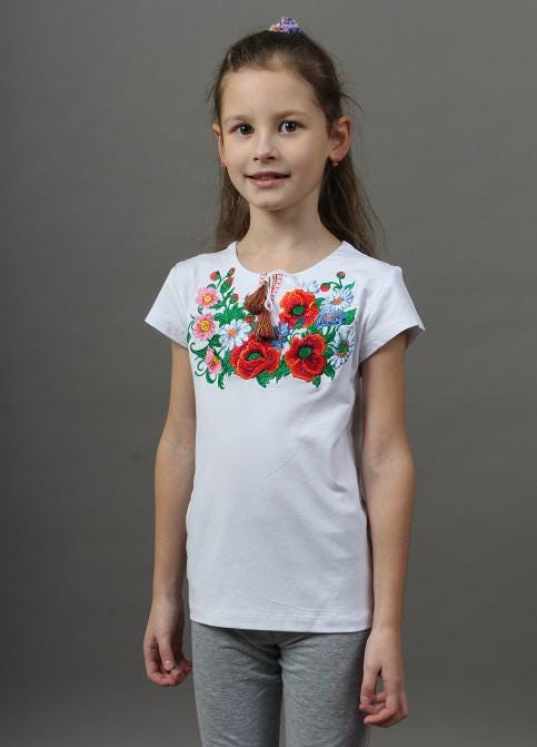 2-12 YO Elegant White Ukrainian T-Shirt for Girls with Floral Embroidery