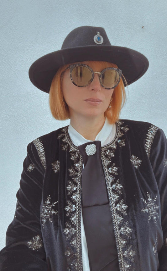 Boho Black Velvet Crop Top Blazer with Bohemian Embroidery