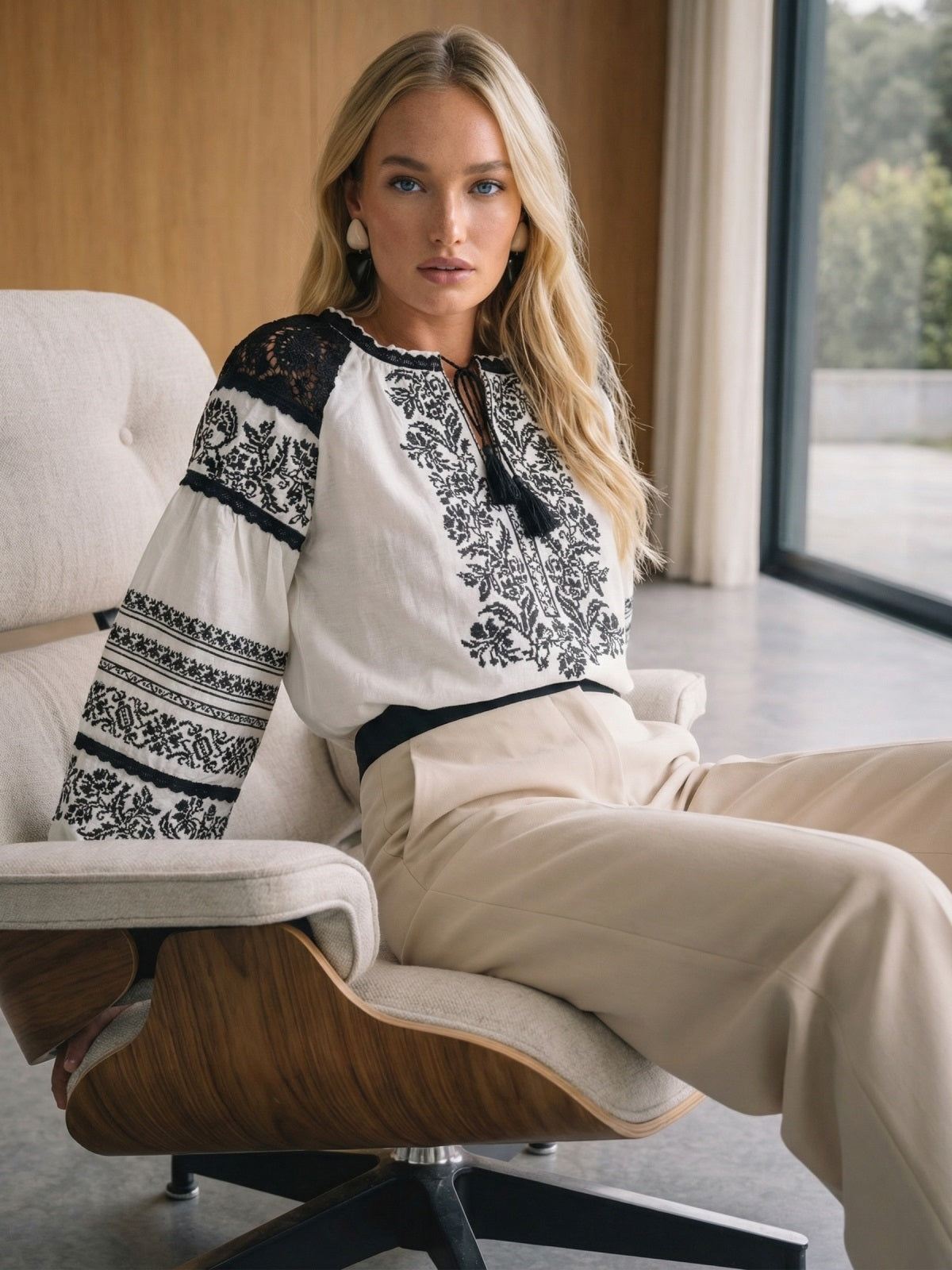 Boho Embroidered Vacation Blouse With Black Floral Pattern