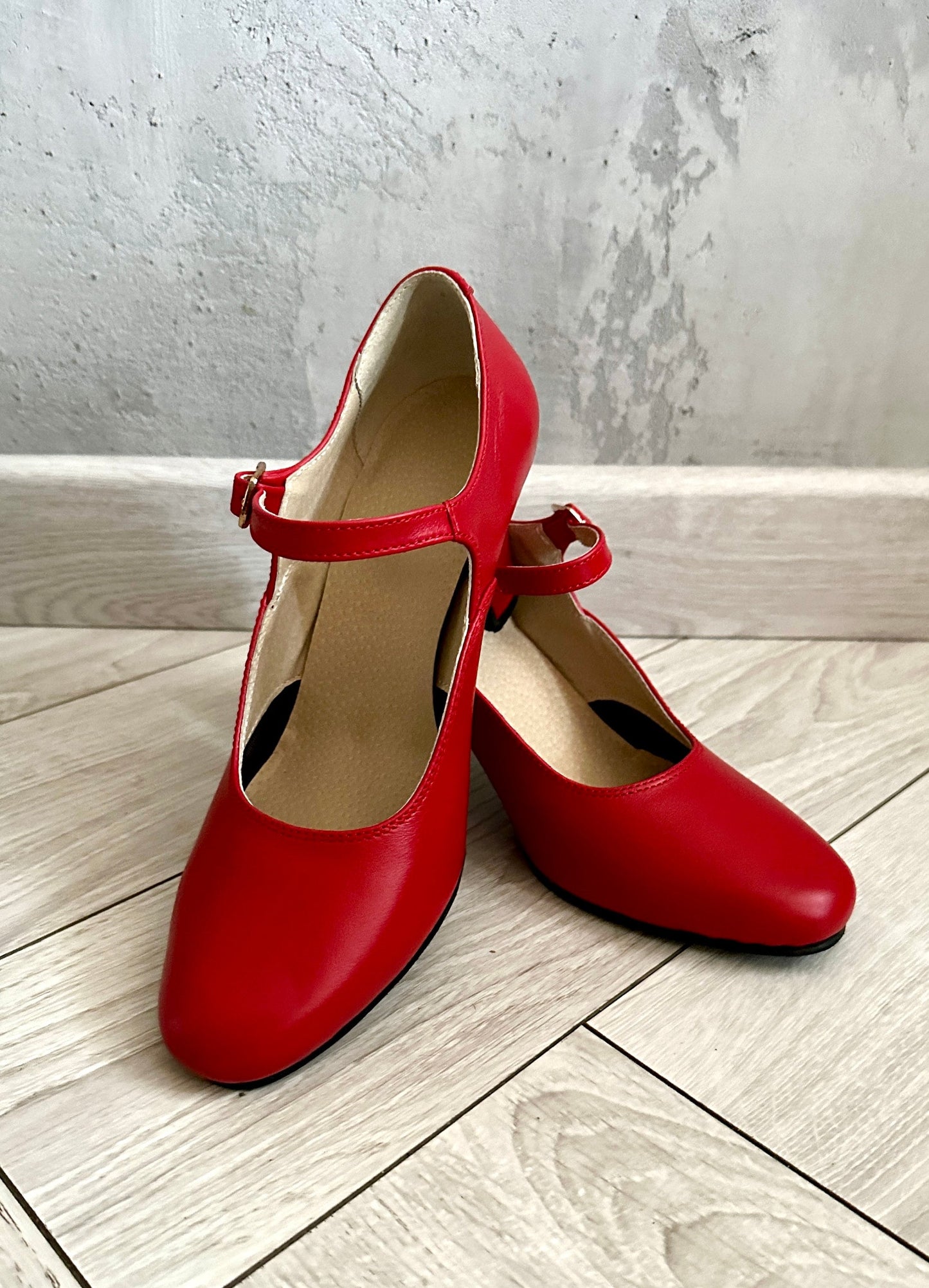 Red Leather Ukrainian Folk Dance Shoes with Virsky Heel and Strap