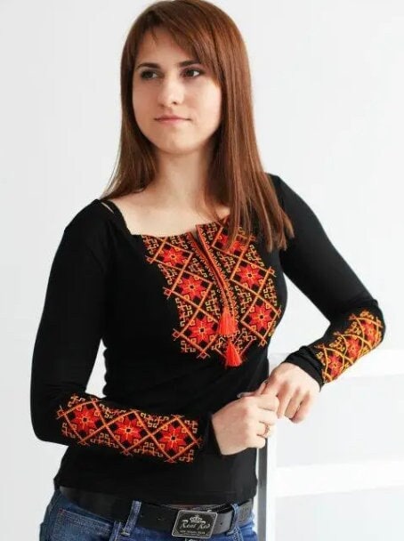 Modern Black Vyshyvanka Blouse with Red and Orange Geometric Embroidery