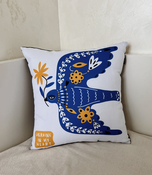 Decorative Pillow Case – Ukraine in My Heart with Blue Bird Print