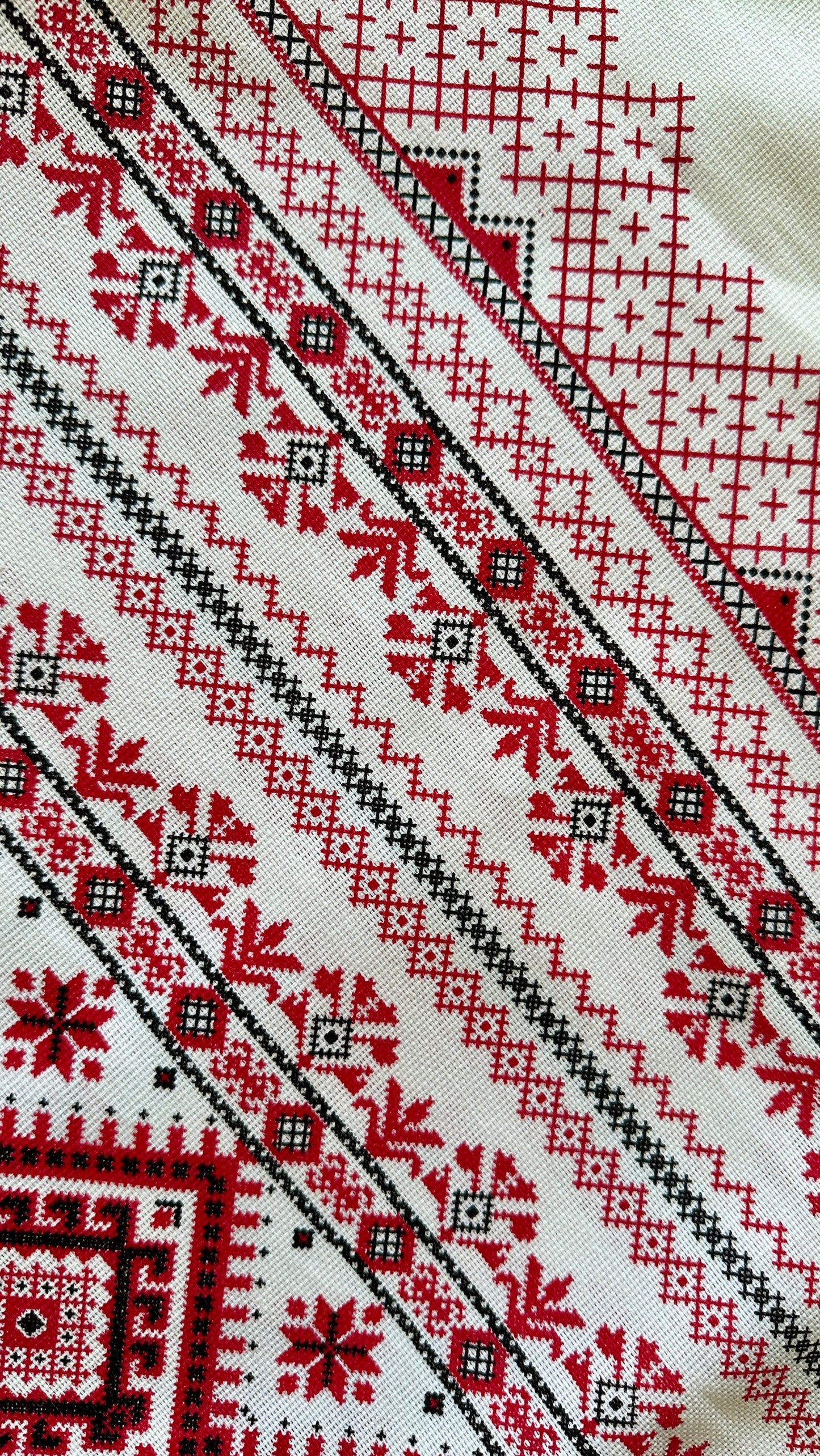 Modern Ukrainian Table Cloth with Red Folk Geometric Pattern