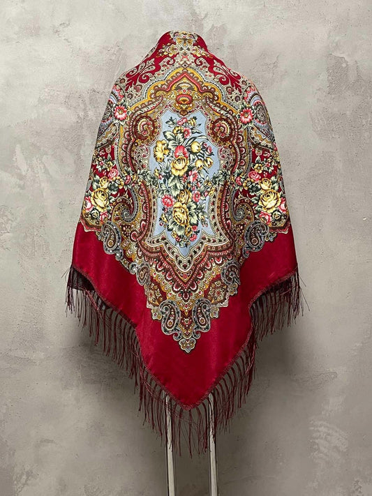 Gorgeous Red Extra-Large Ukrainian Floral Scarf Babushka Style is Back