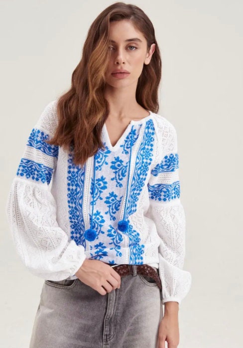 S-4XL Knitted Ukrainian Blouse – Crochet Top with Beautiful Blue Embroidery Pattern
