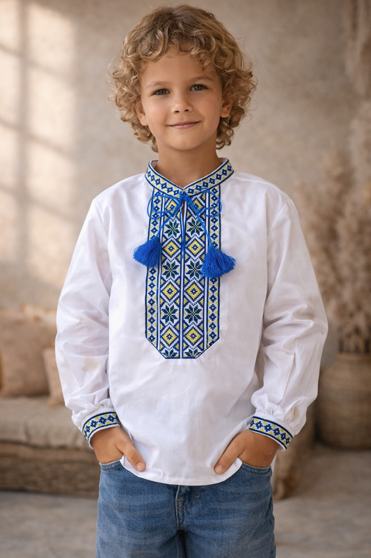 3-15YO Traditional Folk Ukrainian Sorochka Shirt for Boys in Blue and Yellow