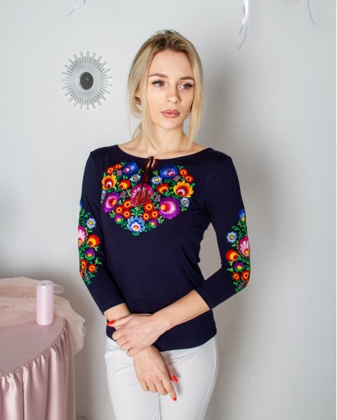 S-4XL Stylish Blue Ukrainian Blouse with Vibrant Petrykivka Floral Mix Embroidery