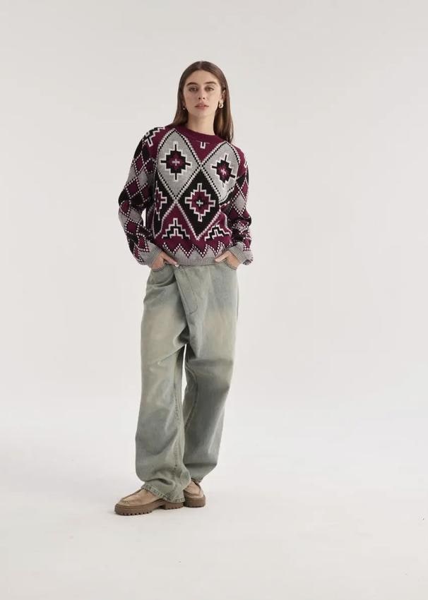 Cozy Ukrainian Sweater with Burgundy Geometric Embroidery-Inspired Patterns