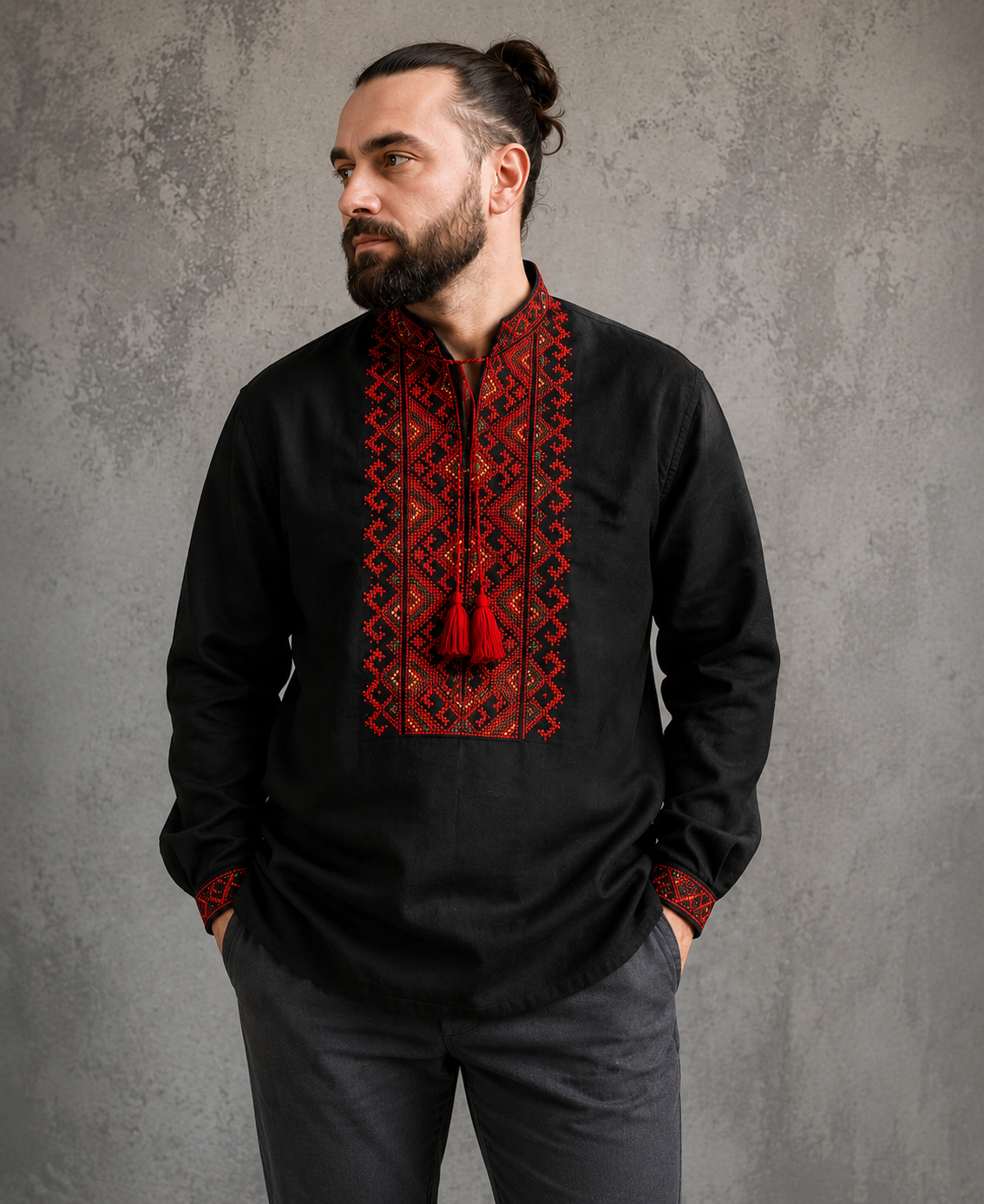 XXS-7XL Black Ukrainian Vyshyvanka Shirt with Red Embroidery for Men