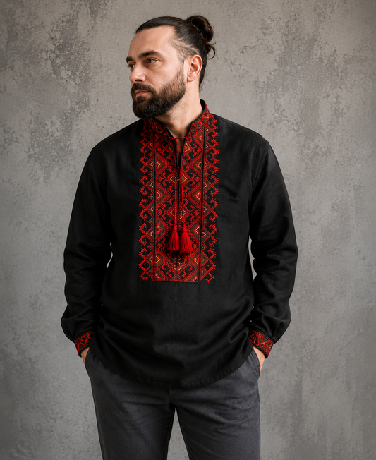XXS-7XL Black Ukrainian Vyshyvanka Shirt with Red Embroidery for Men