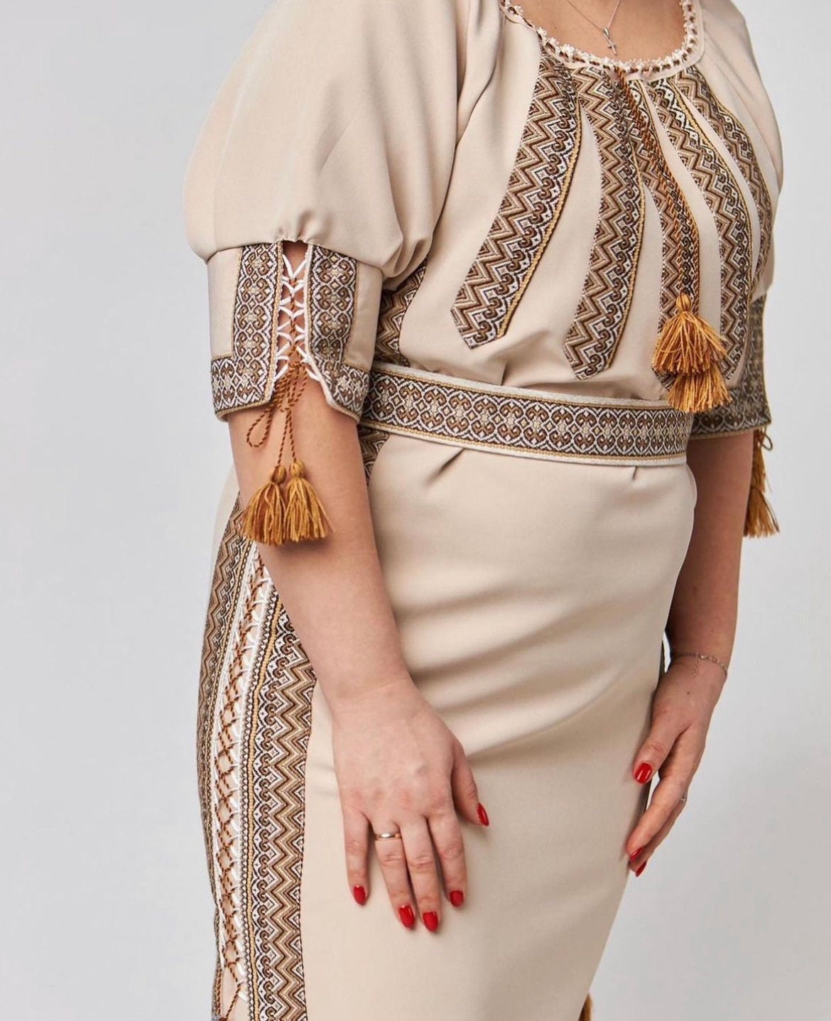 XXS-6XL Traditional Ukrainian Beige Vyshyvanka Dress for Women