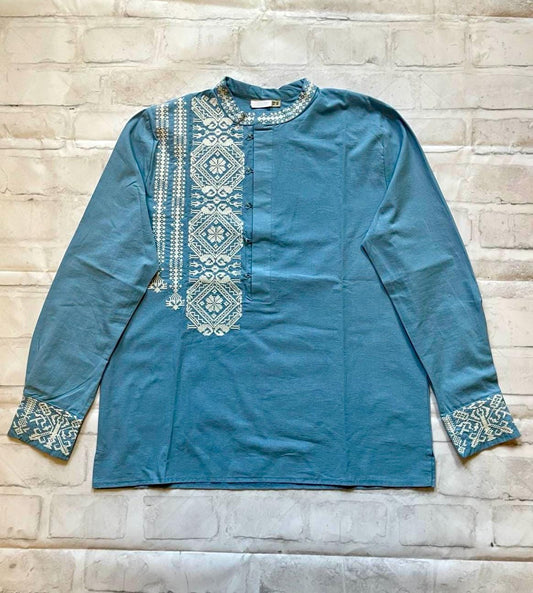 S-2XL Traditional Blue Ukrainian Vyshyvanka Shirt with Embroidery