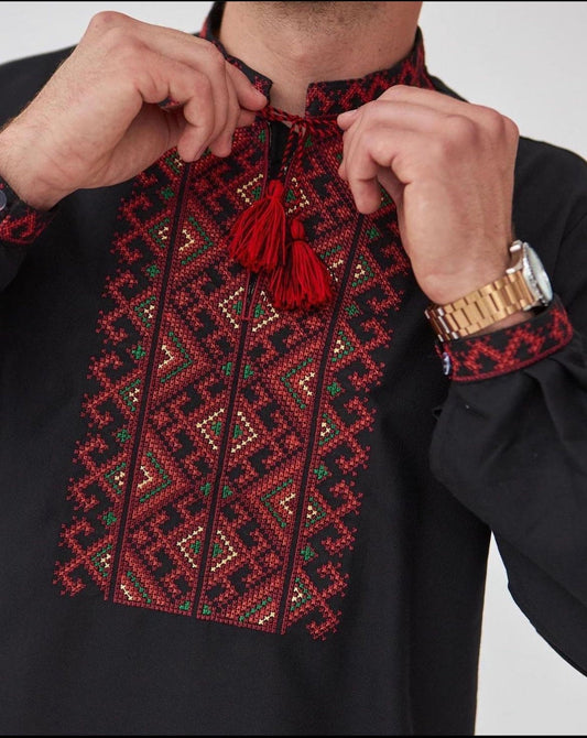 XXS-7XL Black Ukrainian Vyshyvanka Shirt with Red Embroidery for Men