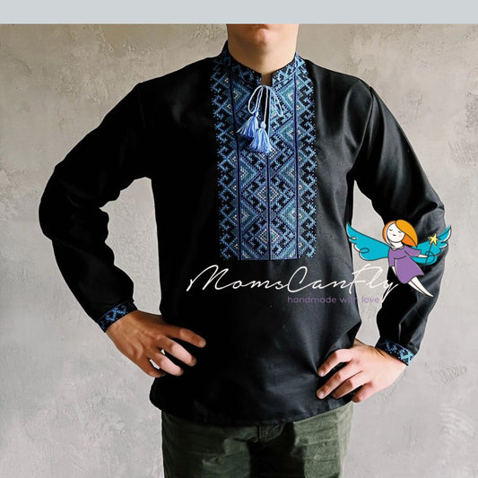 XXS-7XL Traditional Black Ukrainian Vyshyvanka with Blue Embroidery for Men