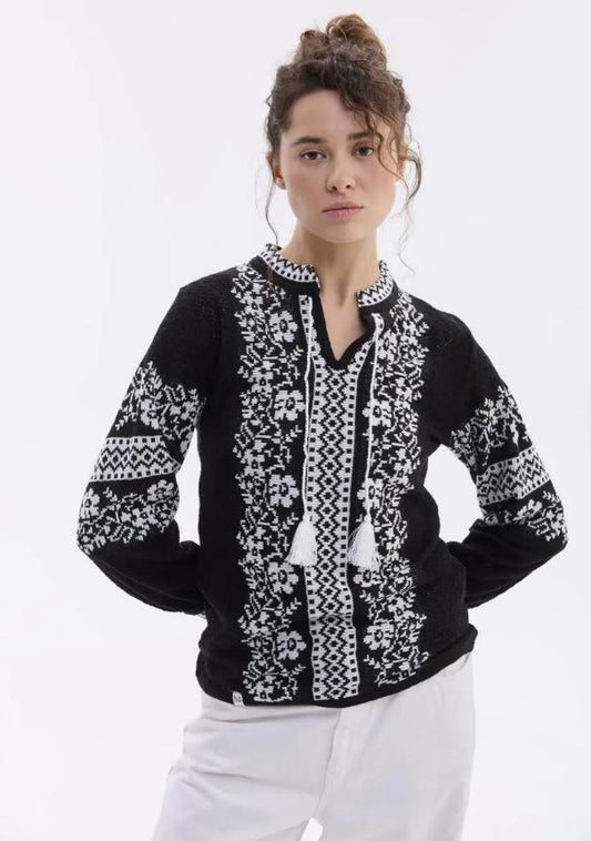 XS-4XL Knitted Black Ukrainian Blouse Crochet-Inspired Blouse with Embroidery Pattern