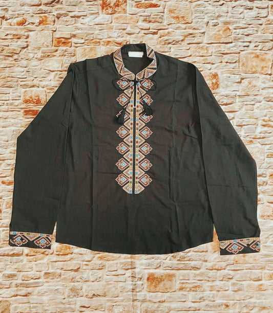 S-3XL Traditional Black Ukrainian Vyshyvanka Shirt with Embroidery