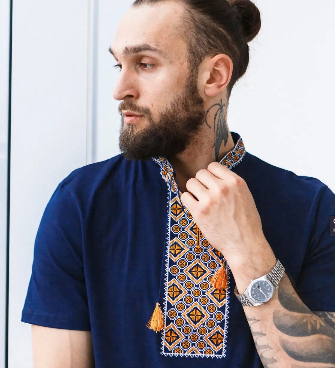 Modern Ukrainian Summer T-Shirt for Men with Blue Base and Yellow Embroidery