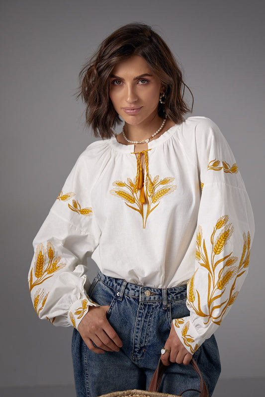 White Base Ukrainian Blouse with Golden Rye Corn Embroidery – Elegance Rooted in Tradition