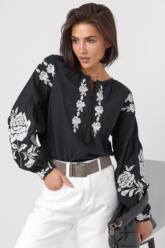 S-XL Elegant Black Boho Blouse for Women with Floral Embroidery