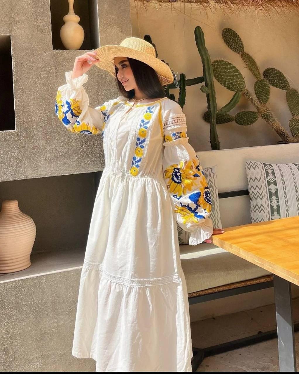 Summer Vyshyvanka Dress with Sunflower Embroidery Effortless Boho Resourt Wear