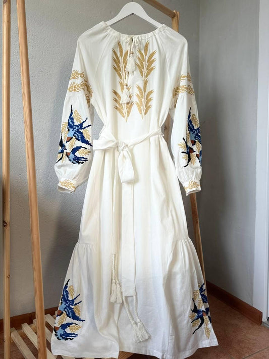 Eye-catching Chic Long Ukrainian Vyshyvanka Dress With Lastivky Brirds Pattern
