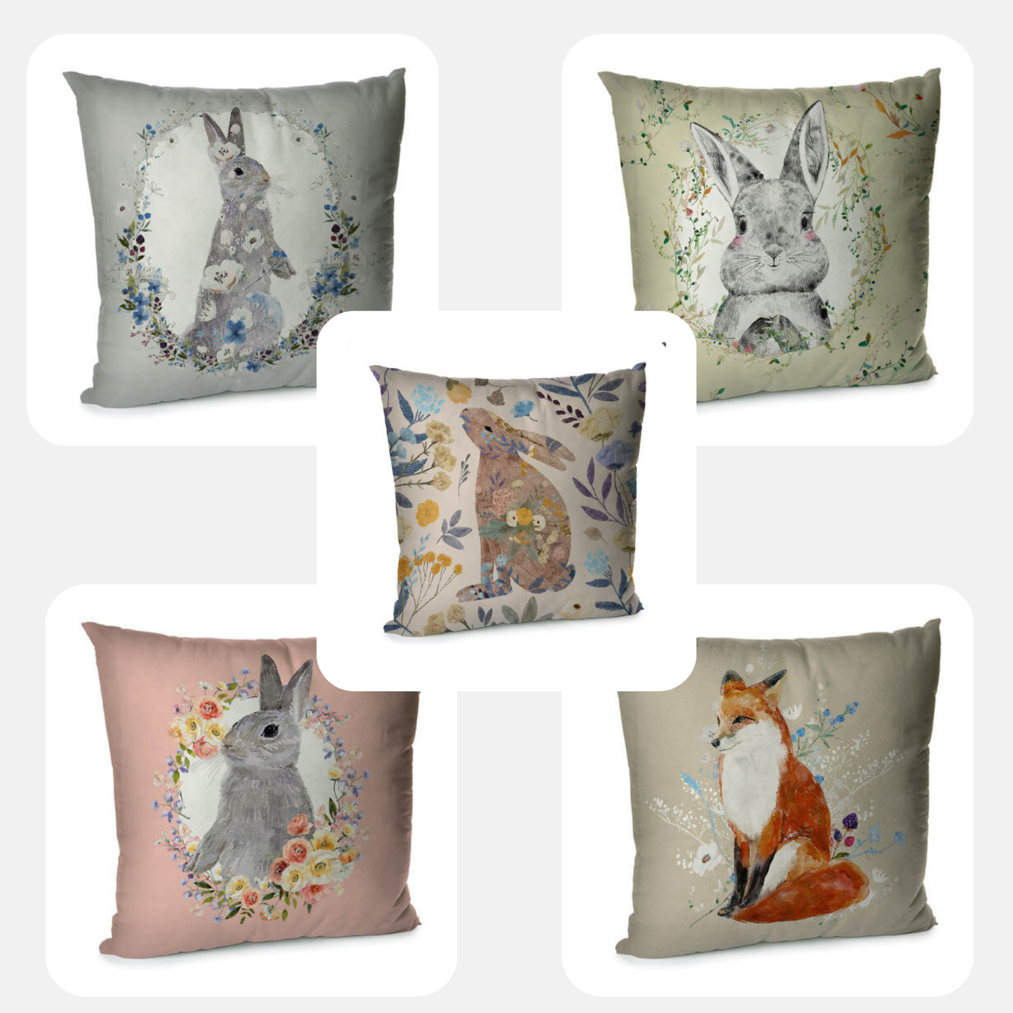 Elegant Velvet Decorative Pillow Case with Spring Bunny and Fox Motiffs