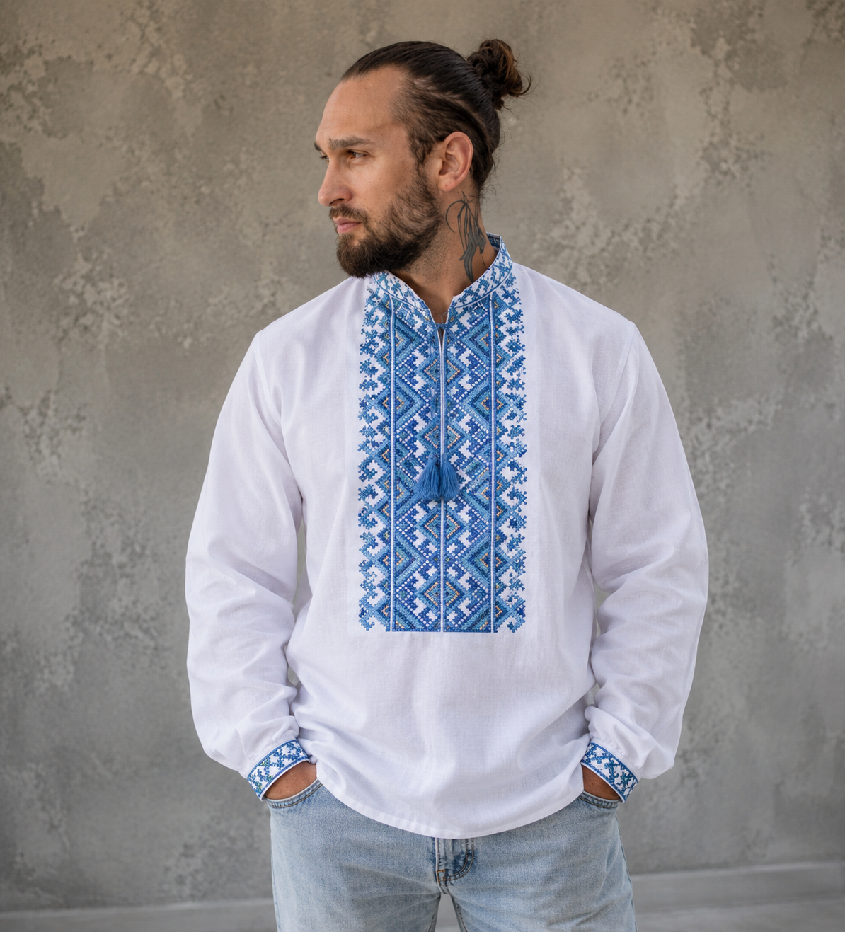 XXS-7XL Men Embriodered Sorochka Shirt Ukrainian Shirt with Blue Embroidery