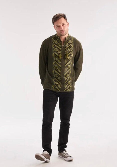 S-4XL Modern Knit Olive Boho Shirt Green Olive Summer Sorochka