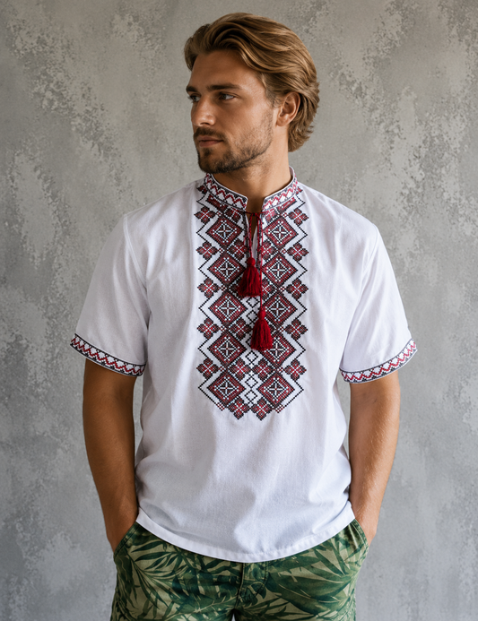 XXS-7XL Short Sleeve Ukrainian Red Vyshyvanka for Men