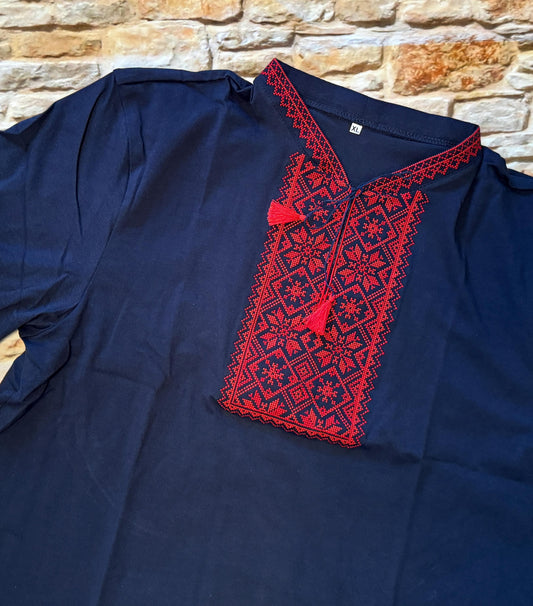 Modern Vyshyvanka T-Shirt Blue Base with Red Embroidery for Men