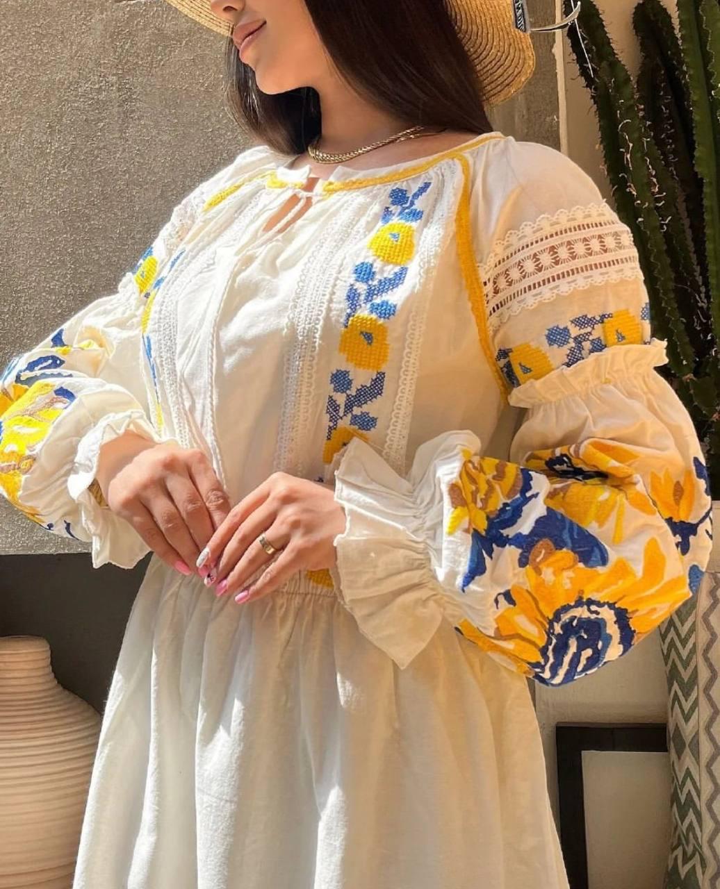 Summer Vyshyvanka Dress with Sunflower Embroidery Effortless Boho Resourt Wear