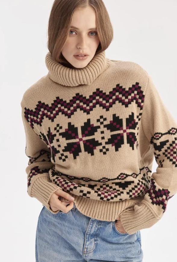 Cozy Elegant Nordic-Style Beige Sweater with Snowflake Pattern