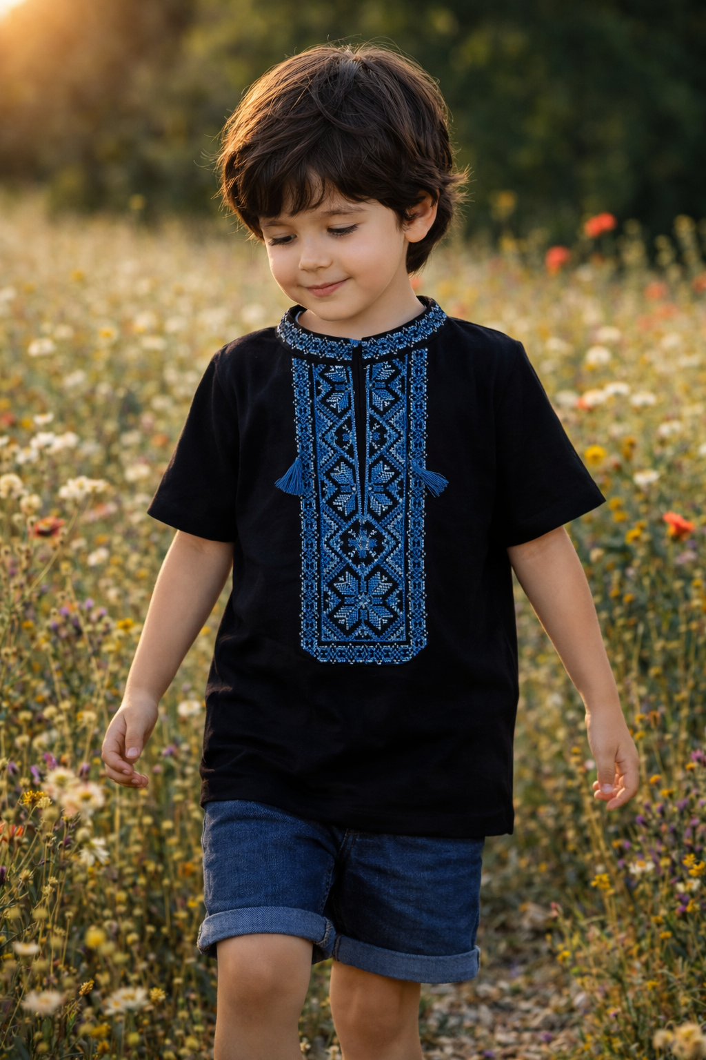Traditional Ukrainian Blue Embroidered Vyshyvanaka T-Shirt for Boys