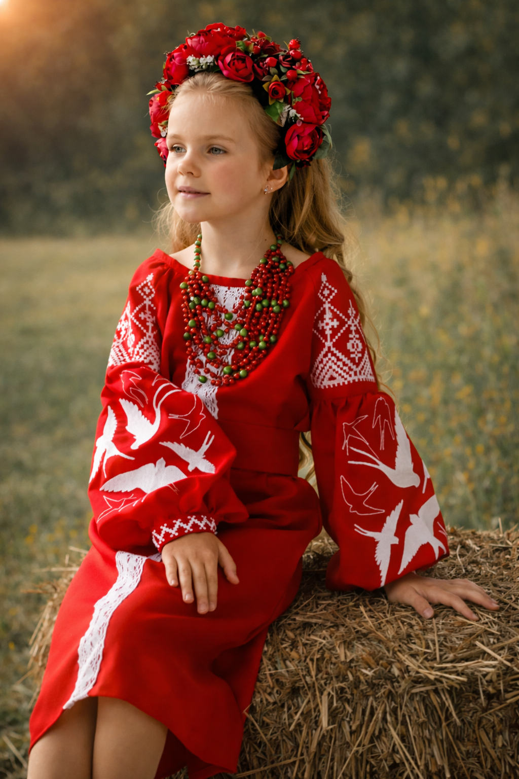 Beautiful Ukrainian Embroidered Dress for Girls with Lastivky Crochet Inserts and Belt