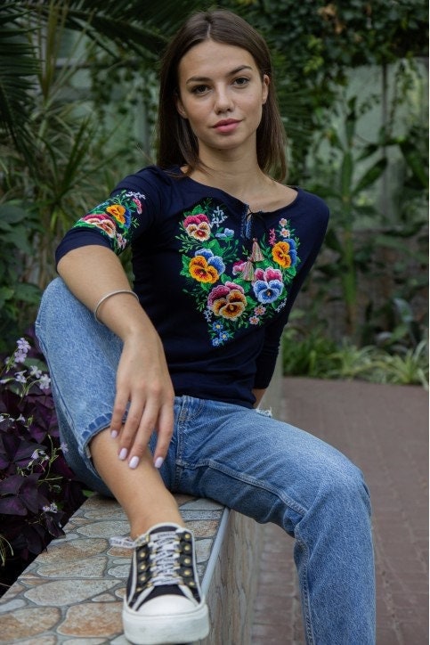 Charming Navy Vyshyvanka Blouse with Colorful Floral Forget-Me-Not Floral Embroidery