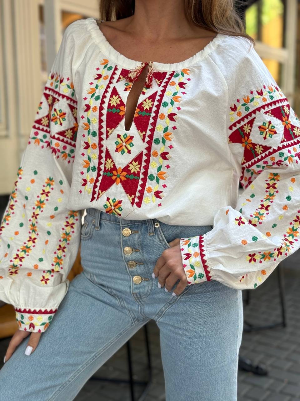 Chic Resort-Ready Vyshyvanka Blouse with Red and Multicolor Geometric Embroidery