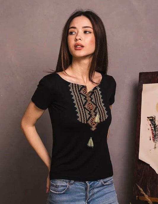 S-3XL Black Vyshyvanka T-Shirt with Caramel and Wheat-Tone Geometric Embroidery
