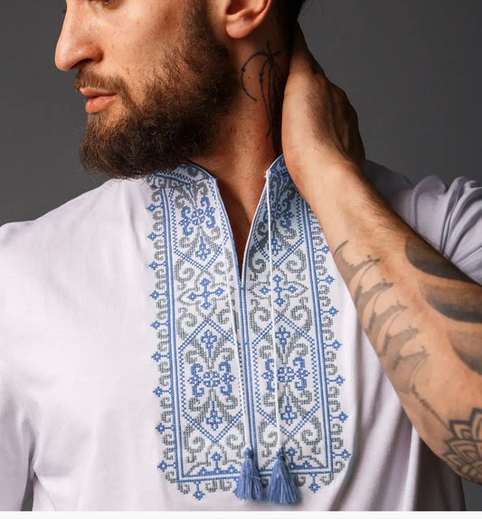 Elegant White Embroidered T-Shirt for Men White with Blue