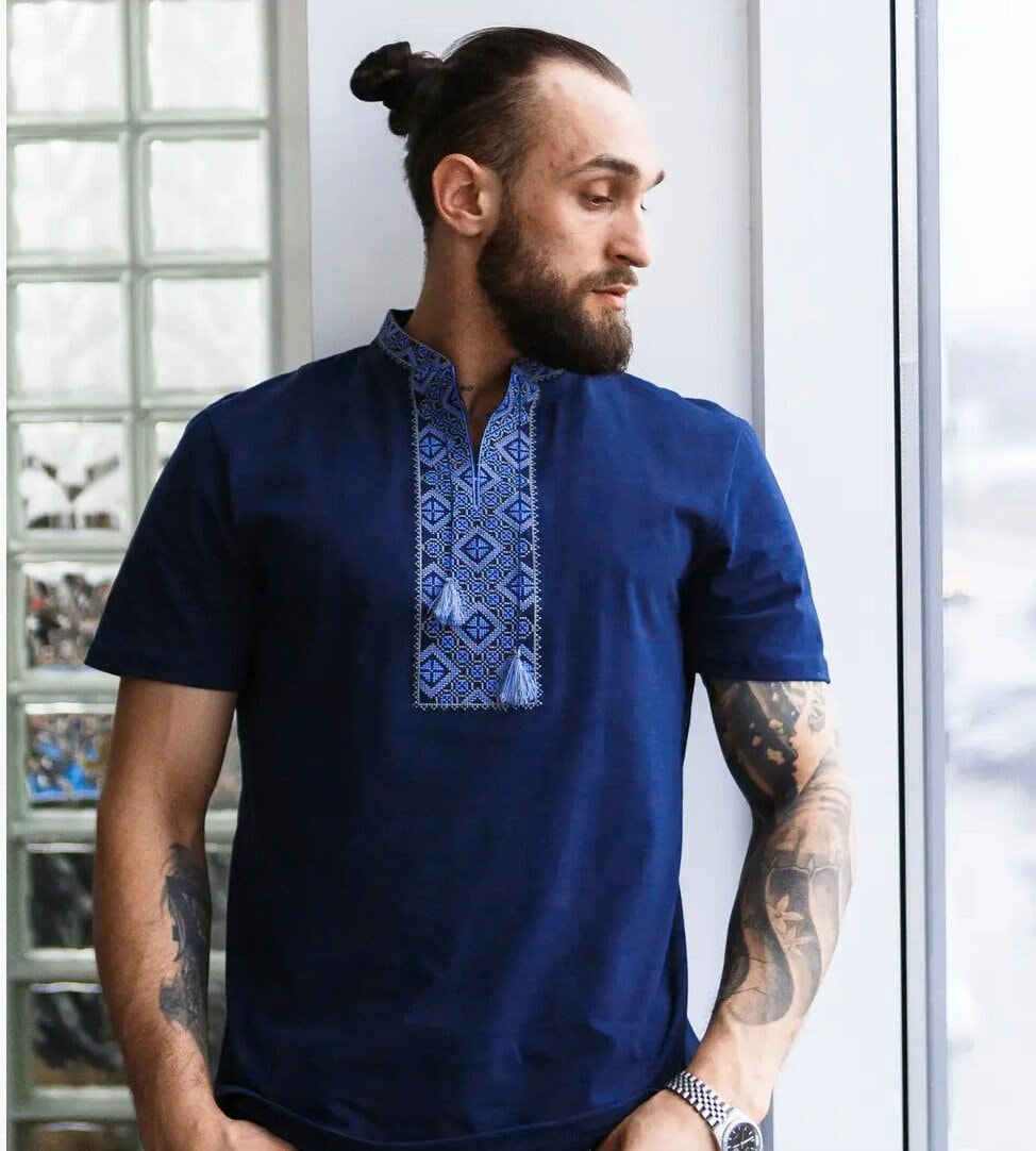 Modern Ukrainian Blue T-Shirt for Men with Geometric Blue Embroidery