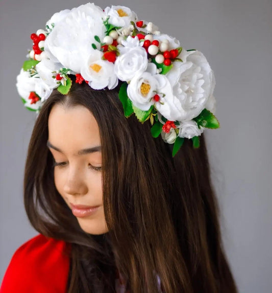 Luxury Floral Crown Ukrainian Flower Vinok Red and White Berries with Large White Flowers