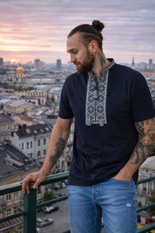 S-3XL Modern Ukrainian Black T-Shirt with Silver Embroidery for Men