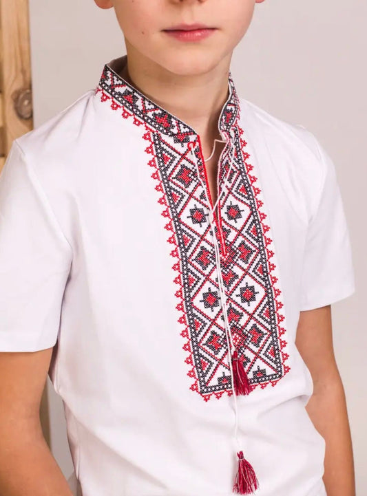 1-12YO Classic White Ukrainian Vyshyvanka T-Shirt with Red Embroidery