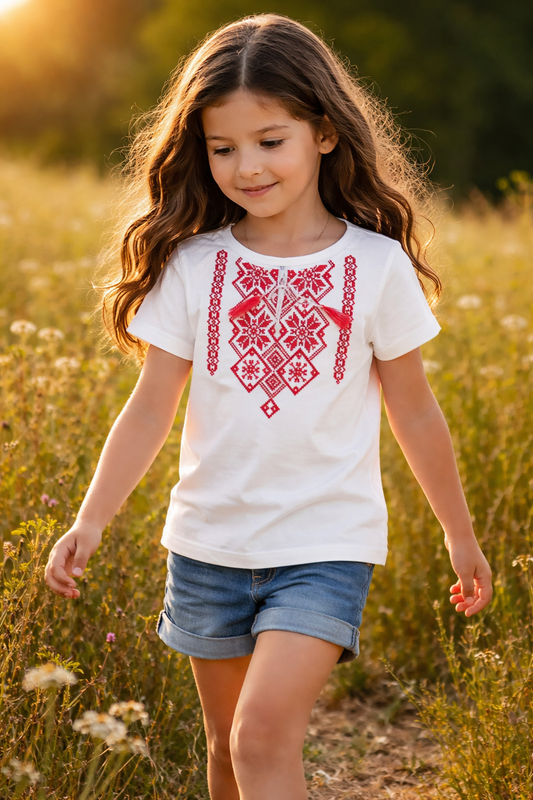 Modern White Ukrainian T-Shirt for Girls with Red Embroidery
