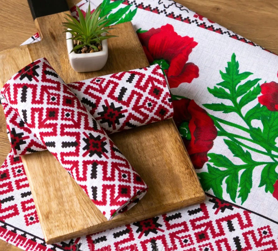 Modern Ukrainian Table Napkins with Poppy Seed Flower Motif