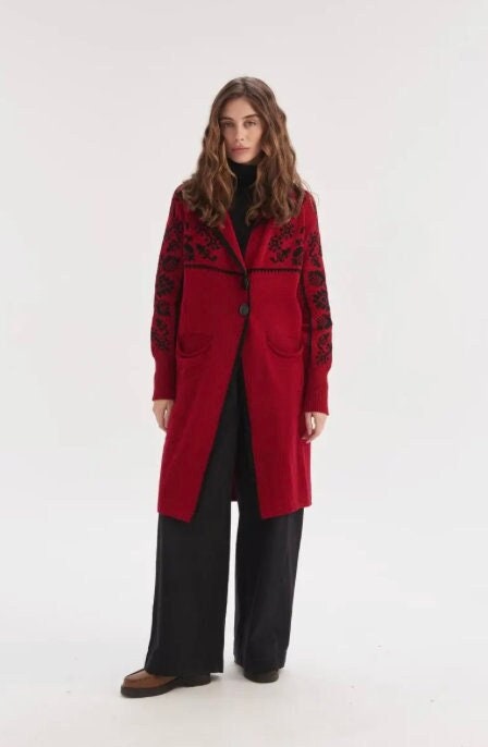 Warm Red Cardigan Coat Cozy Elegance with Embroidered Floral Charm